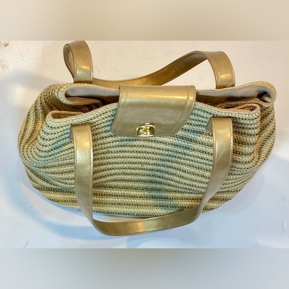 LADIES PURSE WITH MATCHING CHANGE PURSE  TAN WITH METALLIC STRIPES - Picture 2 of 7